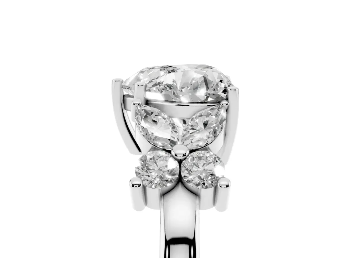Heart Cut Diamond Floral Cluster Ring with Solitaire Band and Prong Setting Platinum