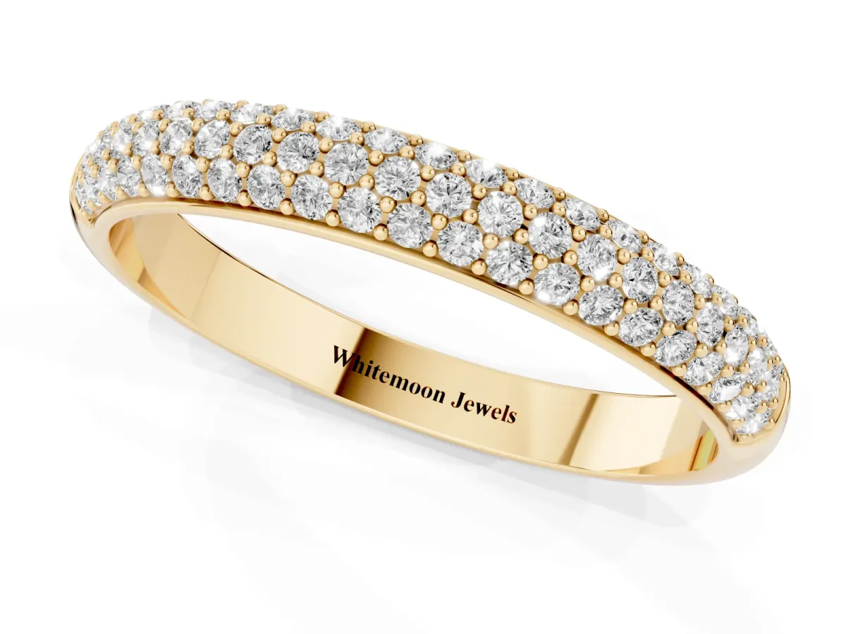 Three-Row Pave Round Diamond Eternity Band with Shared Prong Setting Yellow gold