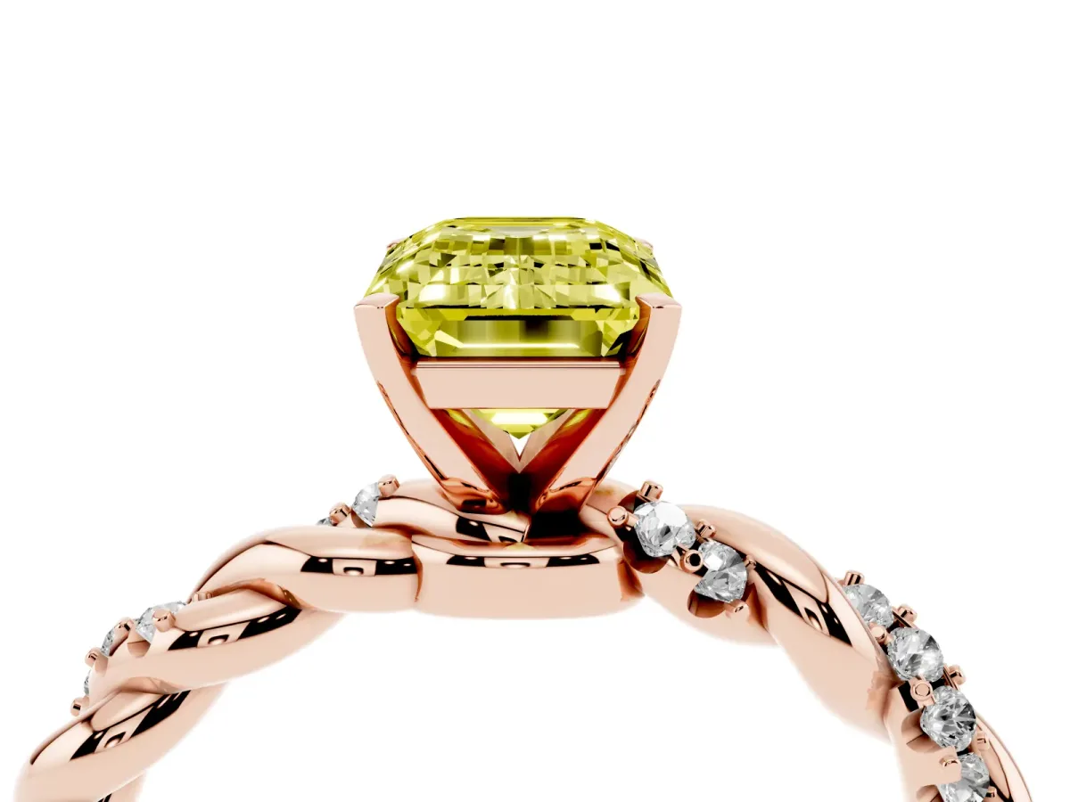 Fancy Yellow Emerald Cut Diamond Solitaire Ring with Twisted Band and Pavé Accents Rose gold