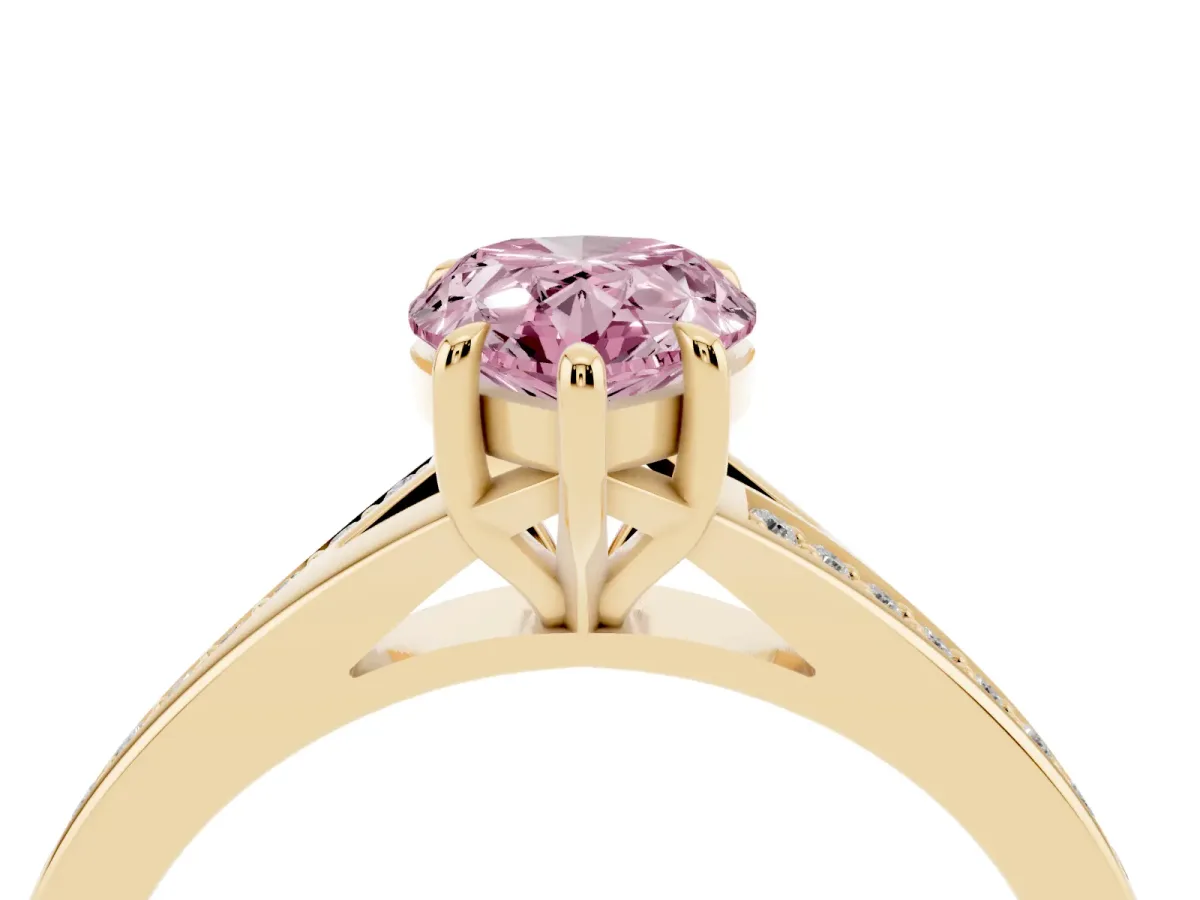 Fancy Pink Pear Cut Diamond Solitaire Ring with Pavé Band and Prong Setting Yellow gold