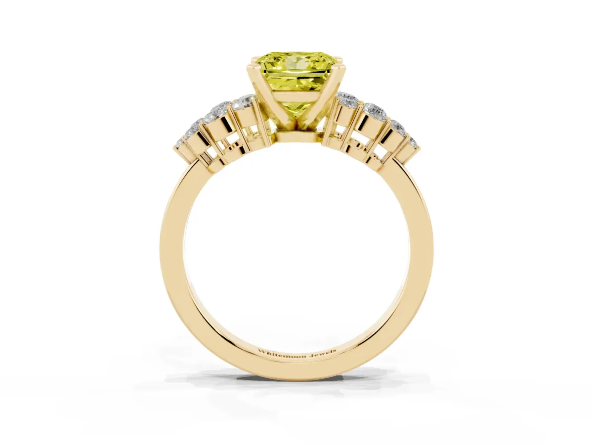 Fancy Yellow Princess Cut Cluster Diamond Engagement Ring with Pavé Band and Four-Prong Setting Yellow gold