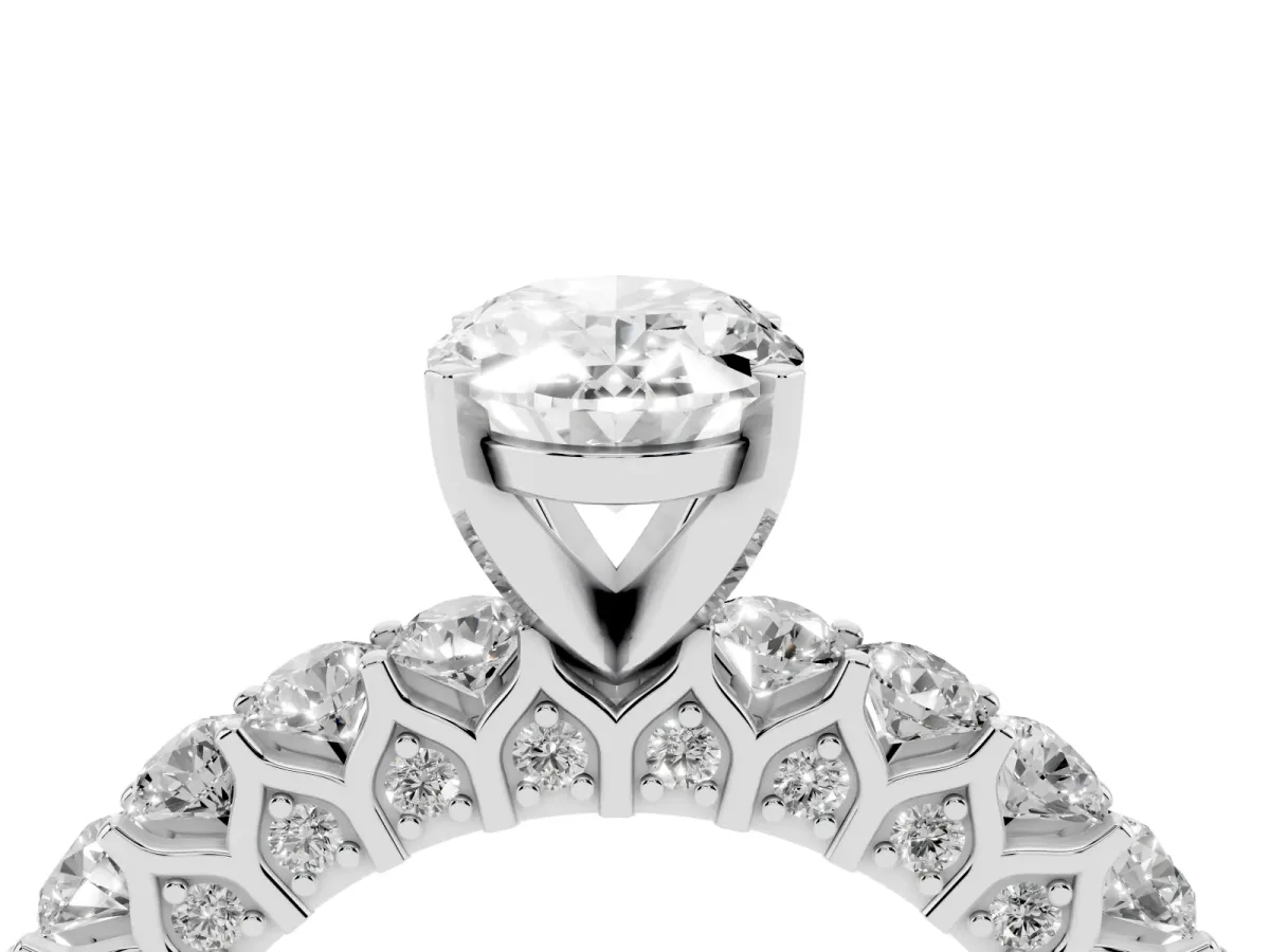 Oval Cut Diamond Solitaire Ring with Shared Prong Pavé Band and Four-Prong Setting Silver