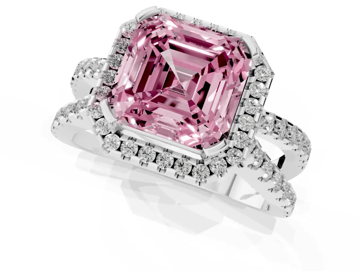 Fancy Pink Asscher Cut Diamond Halo Ring with Split Shank Pavé Band and Prong Setting Silver