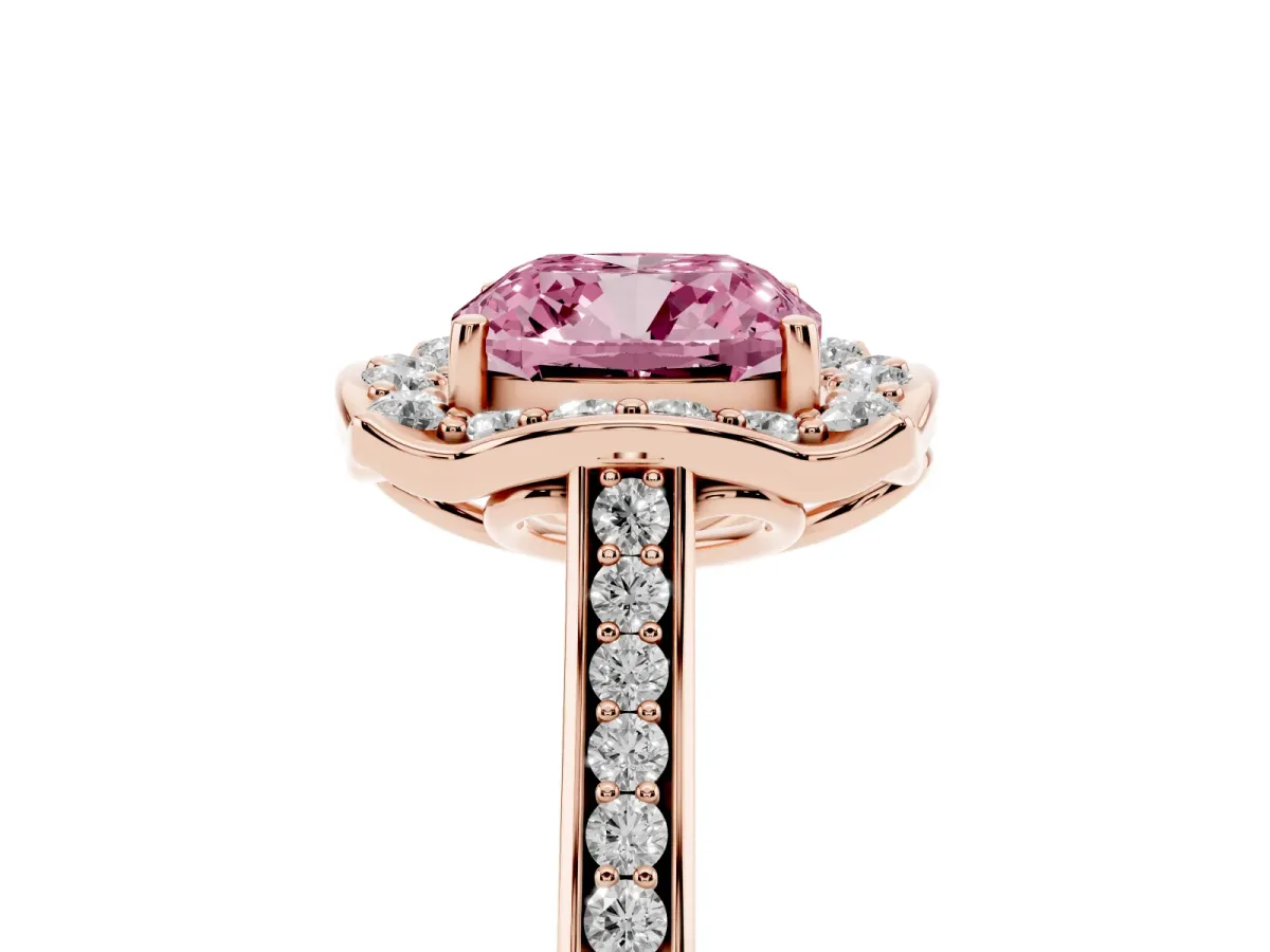 Fancy Pink Cushion Cut Halo Round Diamond Pave Band with Four-Prong Setting Rose gold