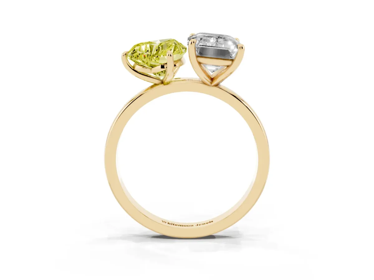 Fancy Yellow Heart Cut and Emerald Cut Toi Moi Ring with Prong Setting Yellow gold