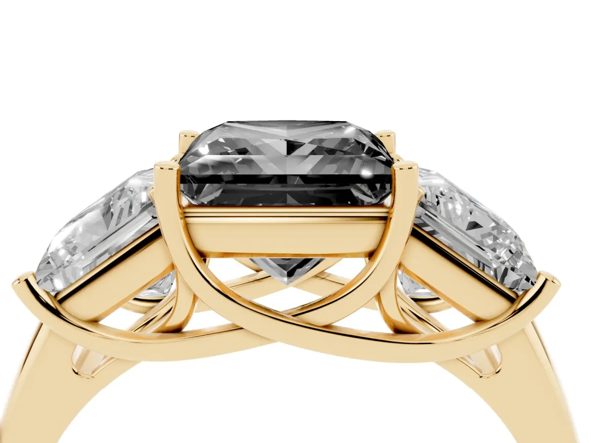 Fancy Black Three-Stone Princess Cut Diamond Engagement Ring with Prong Setting Yellow gold
