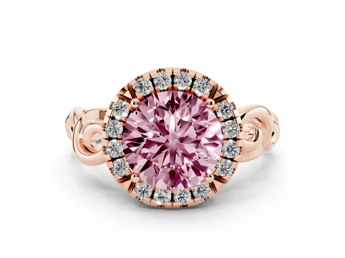 Fancy Pink Round Cut Cut Halo Diamond Ring with Scrollwork Band and Four-Prong Setting Rose gold
