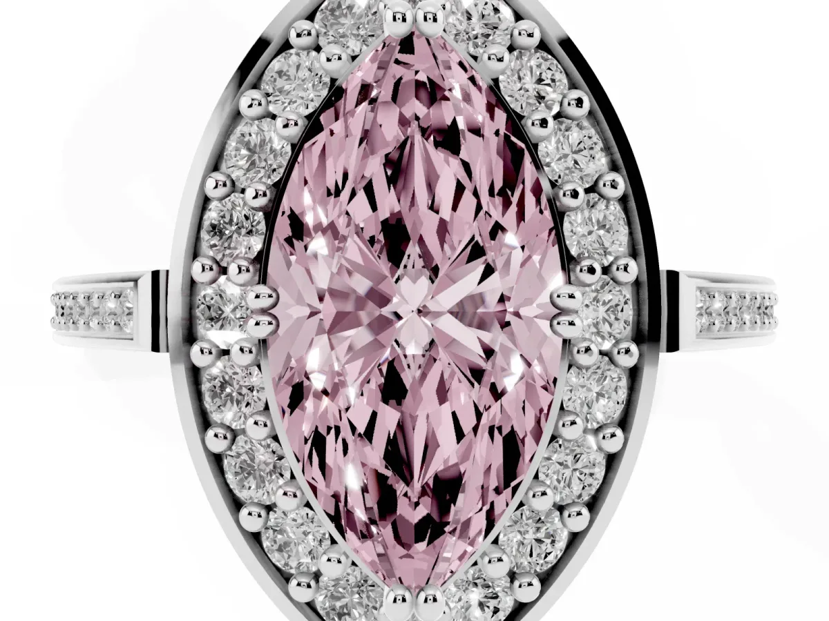 Fancy Pink Marquise Cut Diamond Halo Ring with Split Shank and Four-Prong Setting Silver