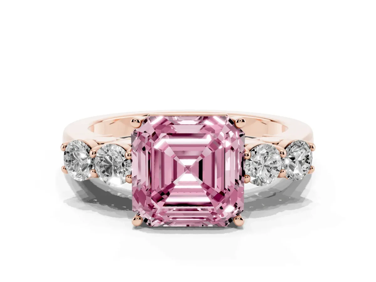 Fancy Pink Asscher Cut Cut Diamond Five-Stone Prong Set White Gold Ring Rose gold