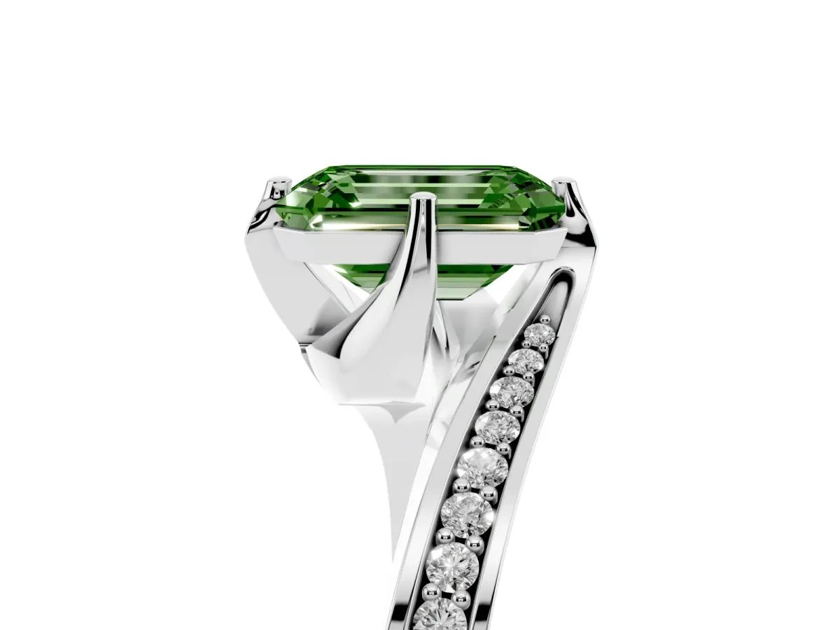 Fancy Green Emerald Cut Solitaire Diamond Twist Band with Pavé Setting and Four-Prong Setting Silver