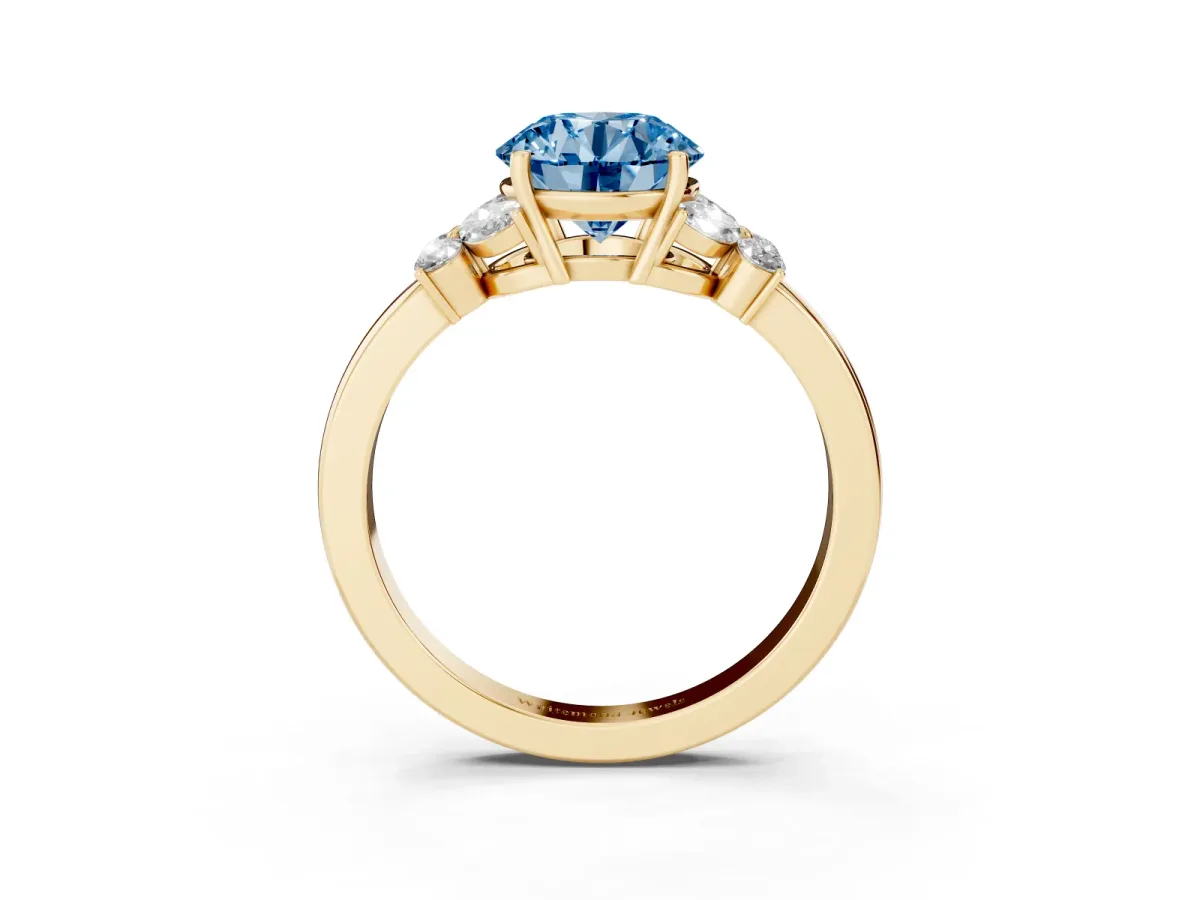 Fancy Blue Round Cut Cut Solitaire Floral Diamond Ring with Four-Prong Setting Yellow gold