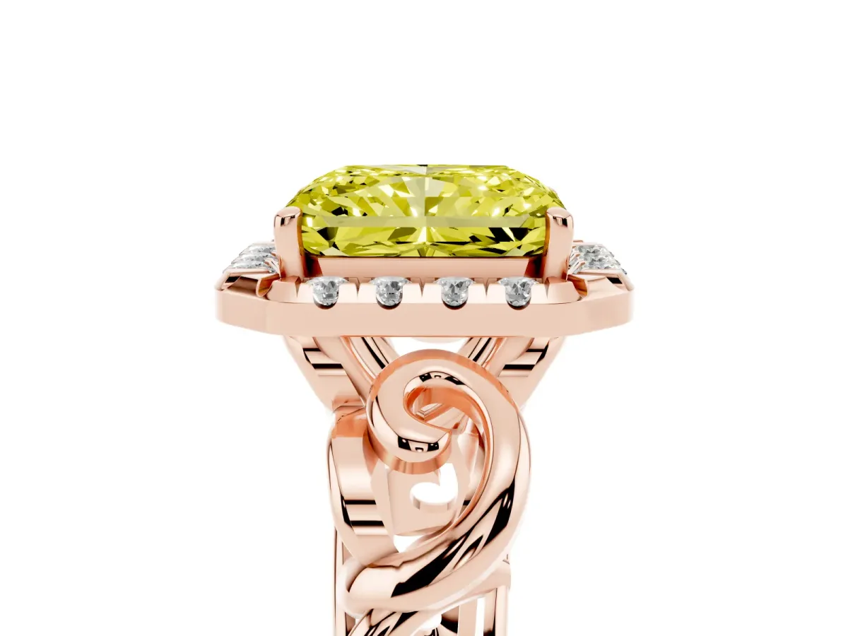 Fancy Yellow Radiant Cut Cut Halo Diamond Ring with Scrollwork Band and Four-Prong Setting Rose gold