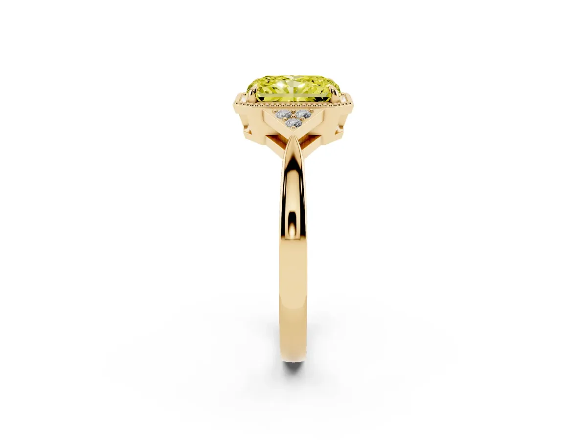 Fancy Yellow Radiant Cut Diamond Halo Ring with Tapered Band and Four-Prong Setting Yellow gold