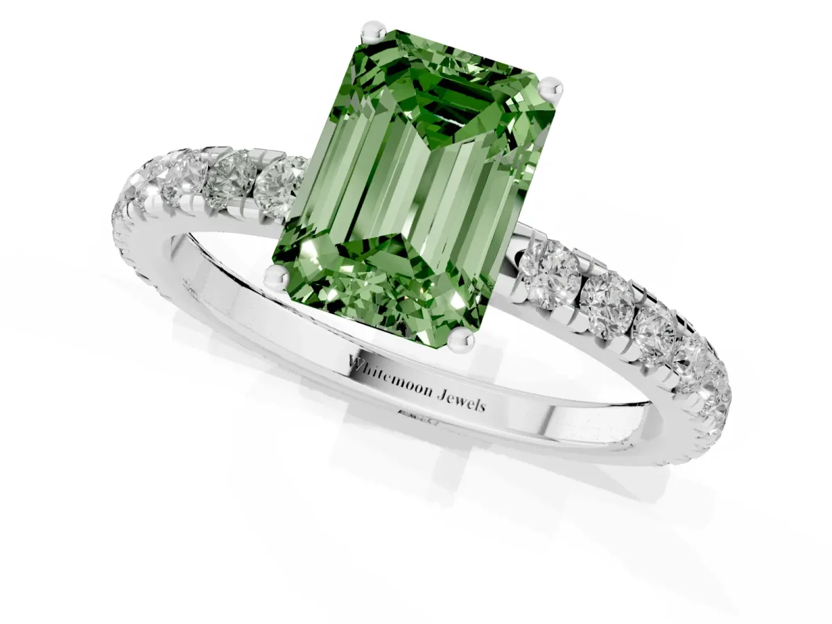 Fancy Green Emerald Cut Diamond Pavé Solitaire Engagement Ring with Four-Prong Setting Platinum