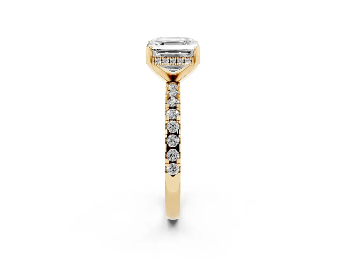 Asscher Cut Diamond Solitaire Ring with Round Pavé Band and Four-Prong Setting Yellow gold