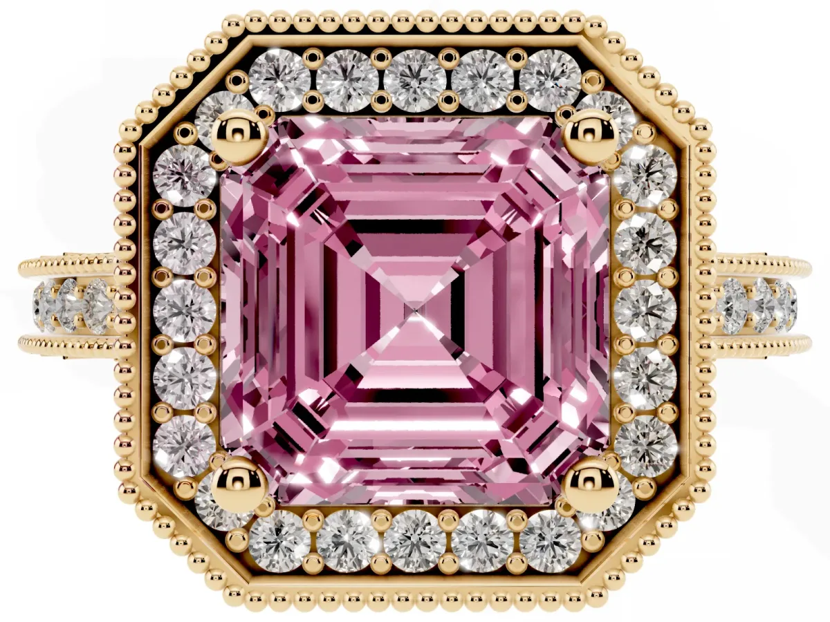Fancy Pink Asscher Cut Diamond Milgrain Halo Engagement Ring with Round Pavé Band and Prong Setting Yellow gold