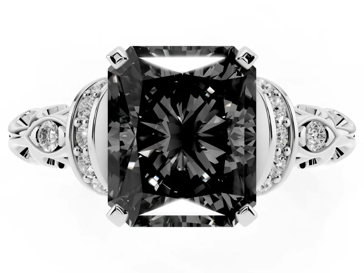 Fancy Black Radiant Cut Diamond Solitaire Ring with Filigree Band and Four-Prong Setting Silver