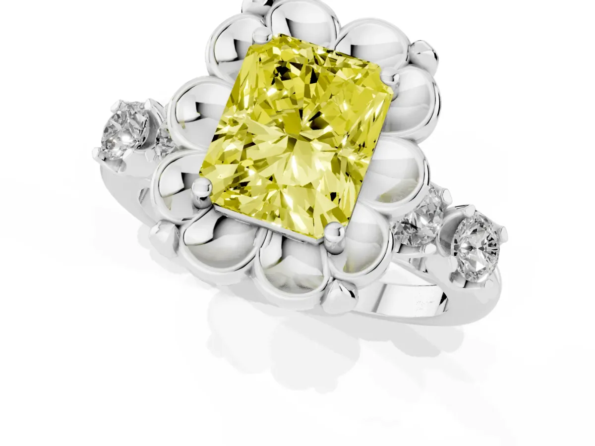 Fancy Yellow Radiant Cut Cut Diamond Floral Halo Engagement Ring with Shared Prong Setting White gold