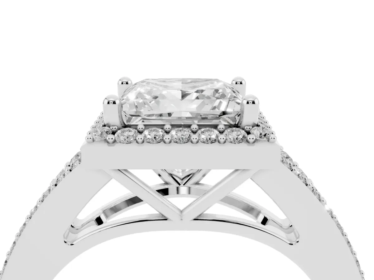 Princess Cut Halo Split Shank Diamond Ring with Prong Setting Silver