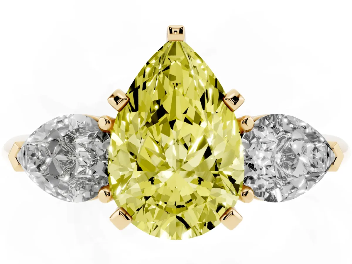 Fancy Yellow Three-Stone Pear Cut Diamond Ring with Pear Side Stones and Four-Prong Setting Yellow gold