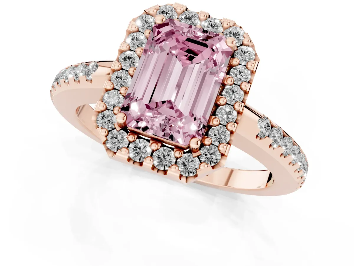 Fancy Pink Emerald Cut Diamond Pavé Halo Ring with Four-Prong Setting Rose gold