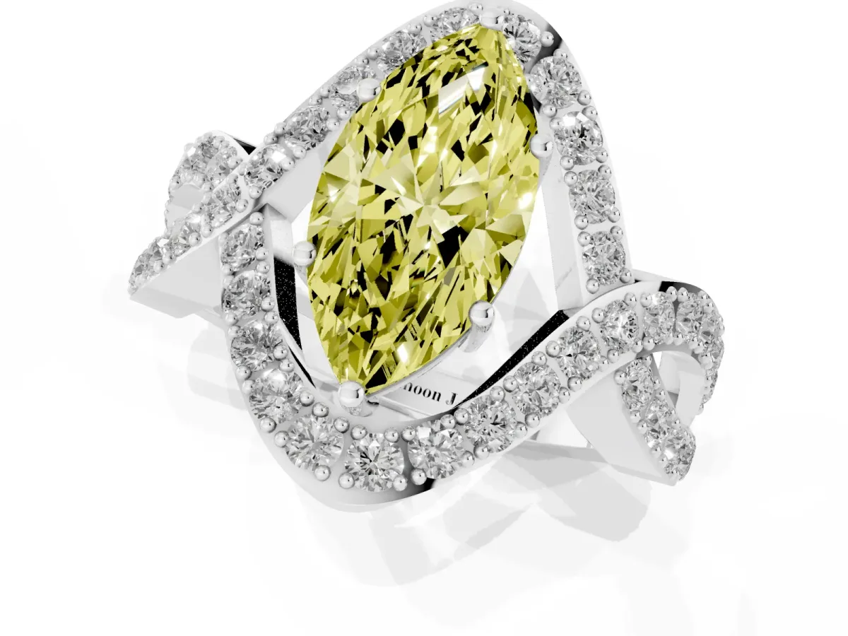 Fancy Yellow Marquise Cut Solitaire Twist Band Pavé Diamond Engagement Ring Silver