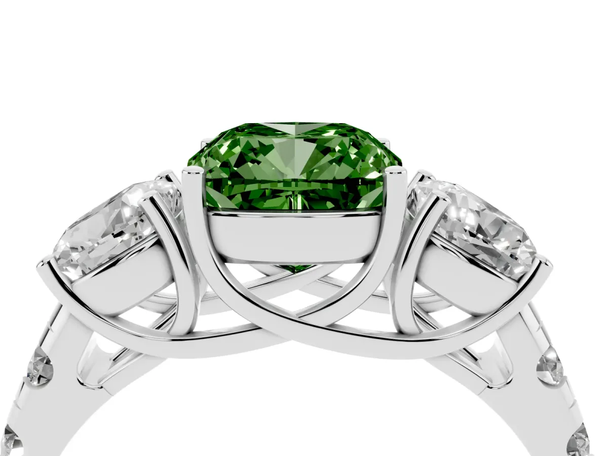 Fancy Green Three-Stone Cushion Cut Diamond Pavé Band with Prong Setting Silver