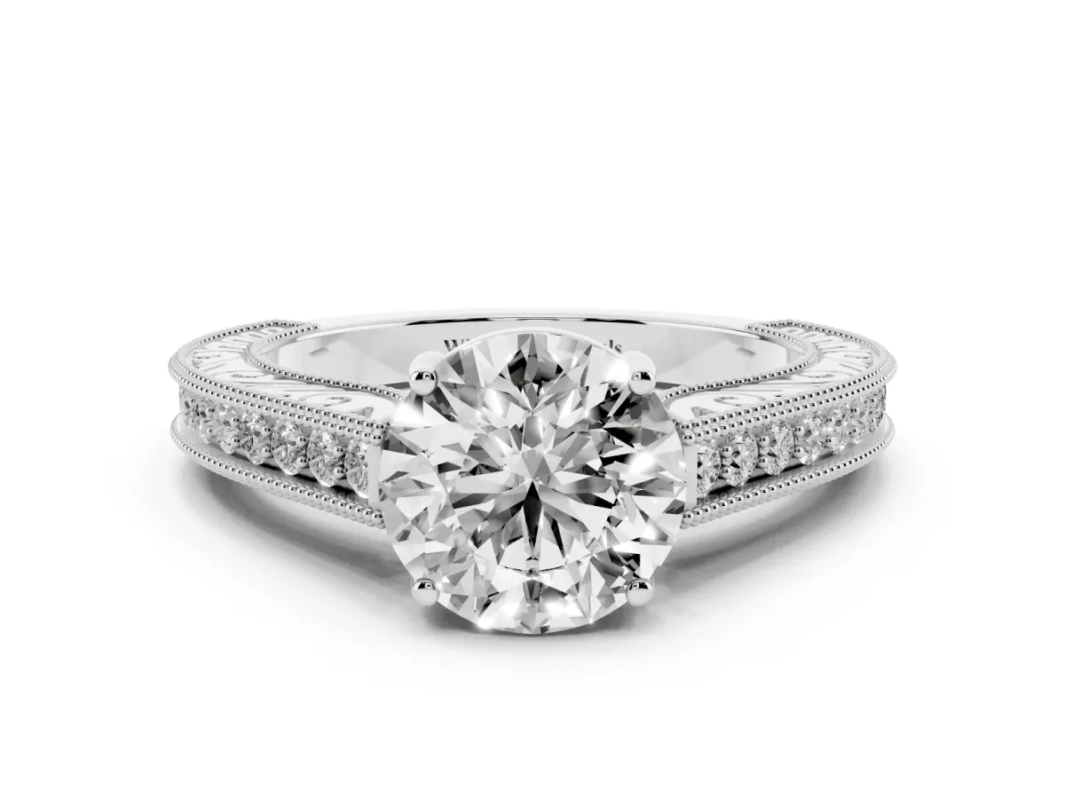 Round Cut Cut Pave Band Milgrain Solitaire Ring White gold