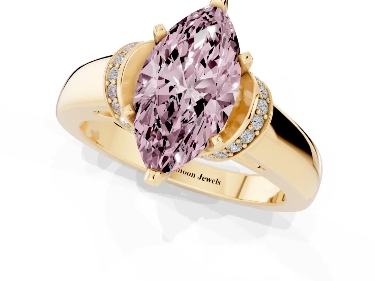 Fancy Pink Marquise Cut Solitaire Diamond Ring with Pave Band and Six-Prong Setting Yellow gold