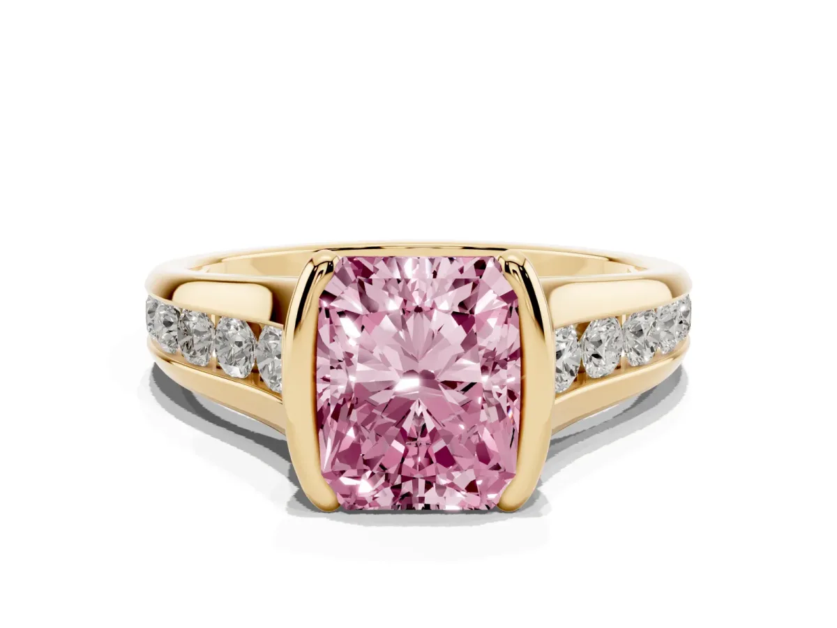 Fancy Pink Radiant Cut Solitaire Bezel-Set Diamond Ring with Channel-Set Band Yellow gold