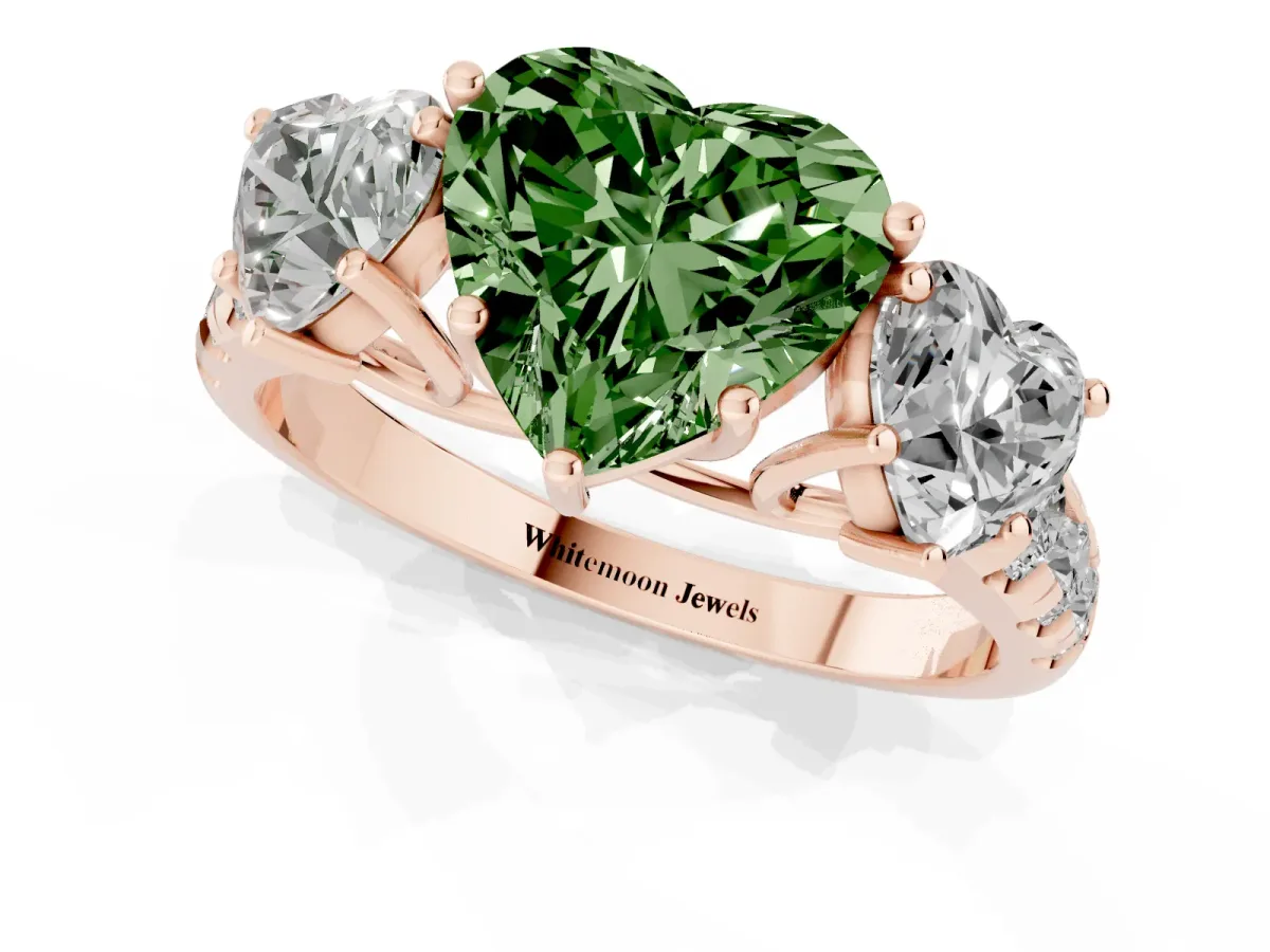Fancy Green Three-Stone Heart Cut Diamond Pavé Band with Prong Setting Rose gold
