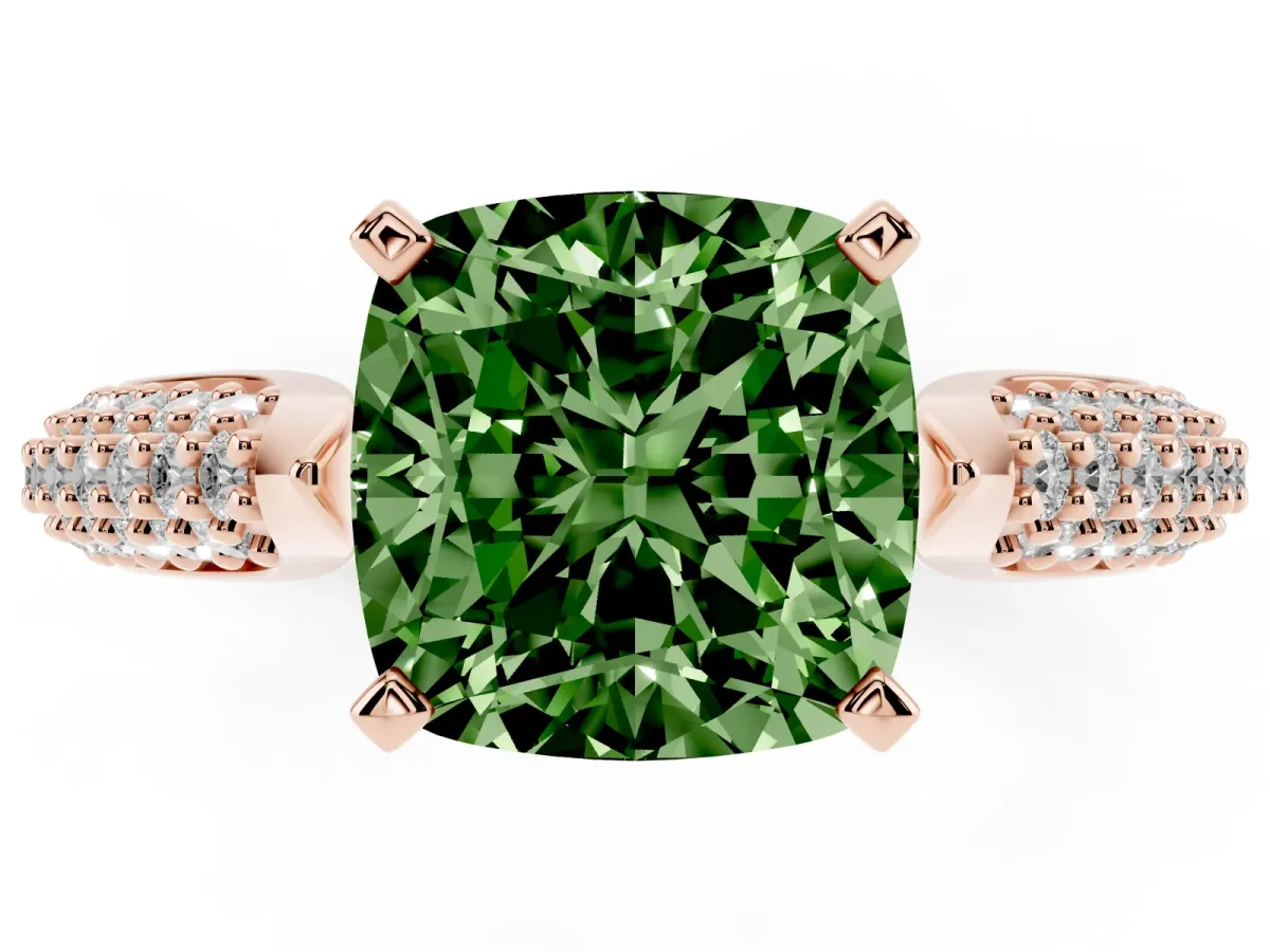 Fancy Green Cushion Cut Diamond Solitaire Engagement Ring with Multi-Row Round Pavé Band and Prong Setting Rose gold