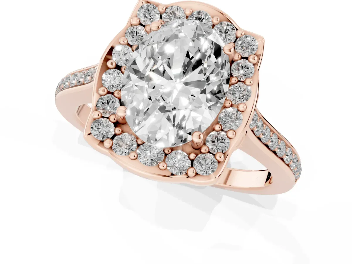 Oval Cut Halo Round Diamond Pave Band with Four-Prong Setting Rose gold