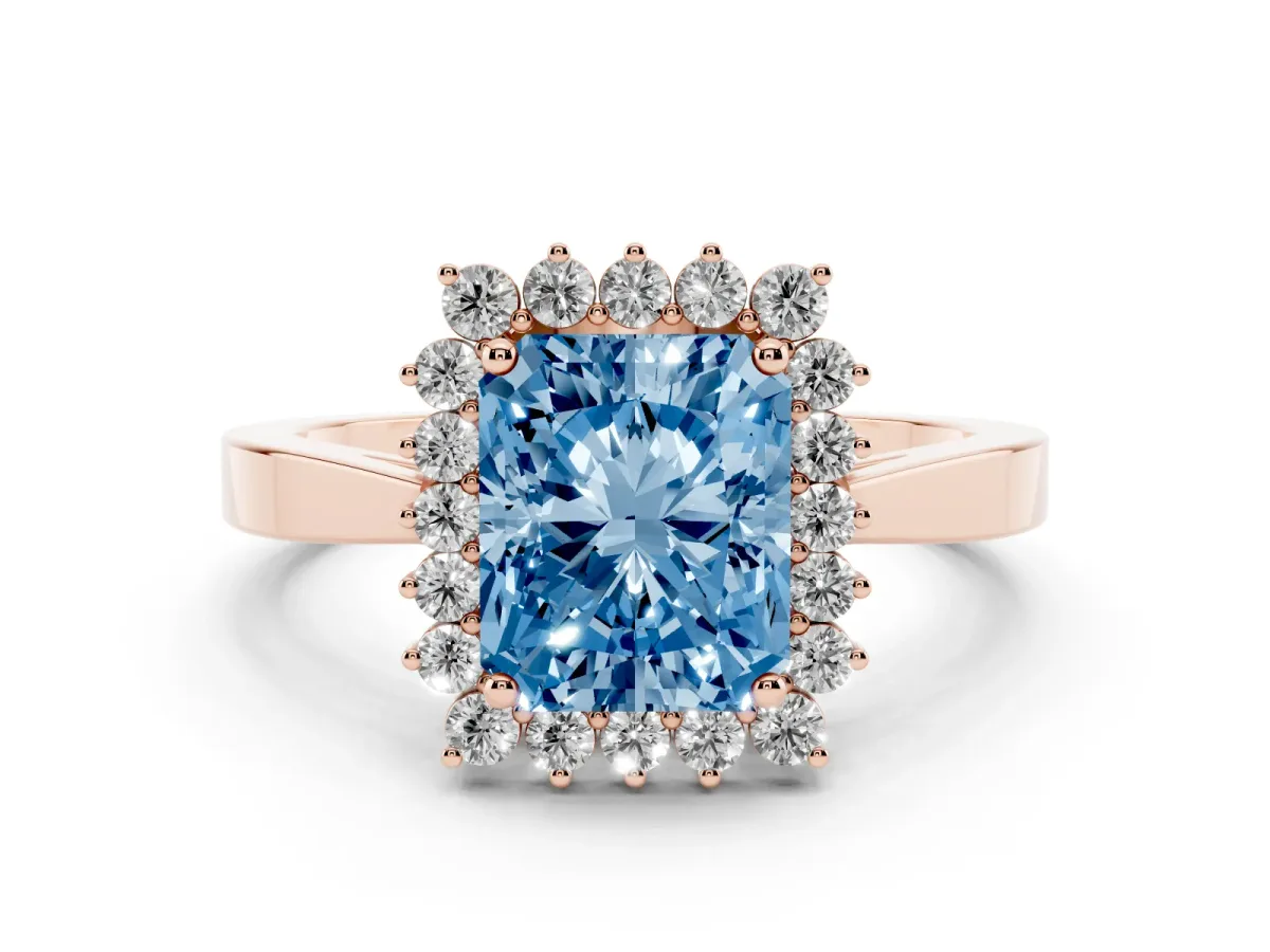 Fancy Blue Radiant Cut Cut Diamond Halo Ring with Round Brilliant Halo and Solitaire Band Rose gold