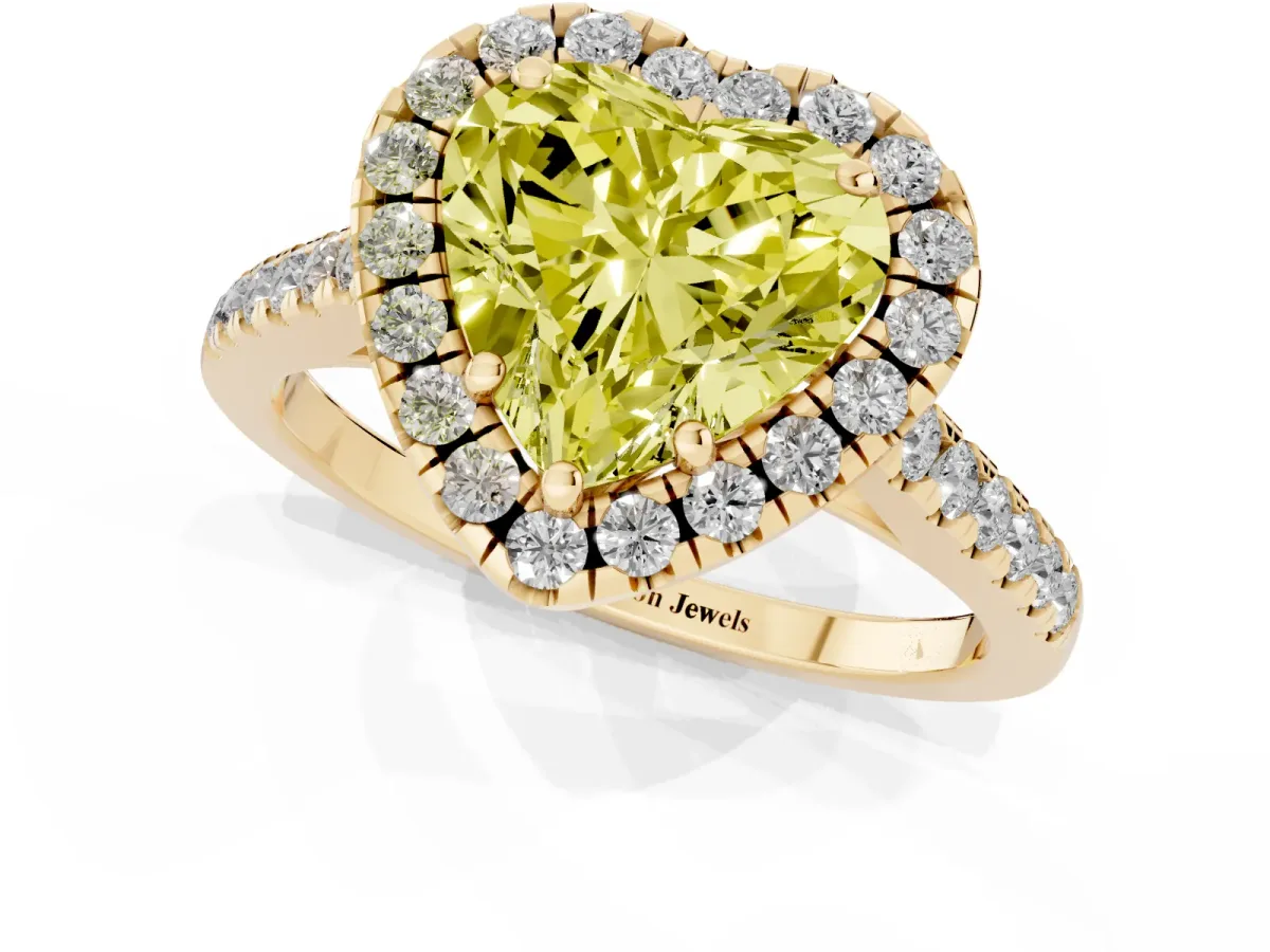 Fancy Yellow Heart Cut Halo Pavé Diamond Engagement Ring with Four-Prong Setting Yellow gold