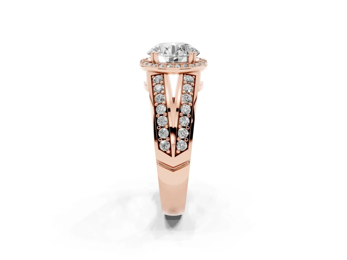 Round Cut Diamond Halo Ring with Split Shank Pavé Band and Four-Prong Setting Rose gold