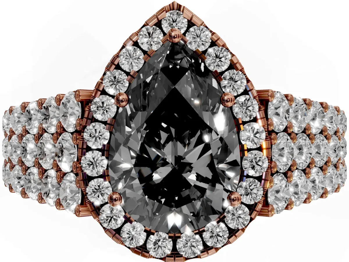 Fancy Black Pear Cut Diamond Halo Engagement Ring with Triple Row Round Pavé Band and Prong Setting Rose gold