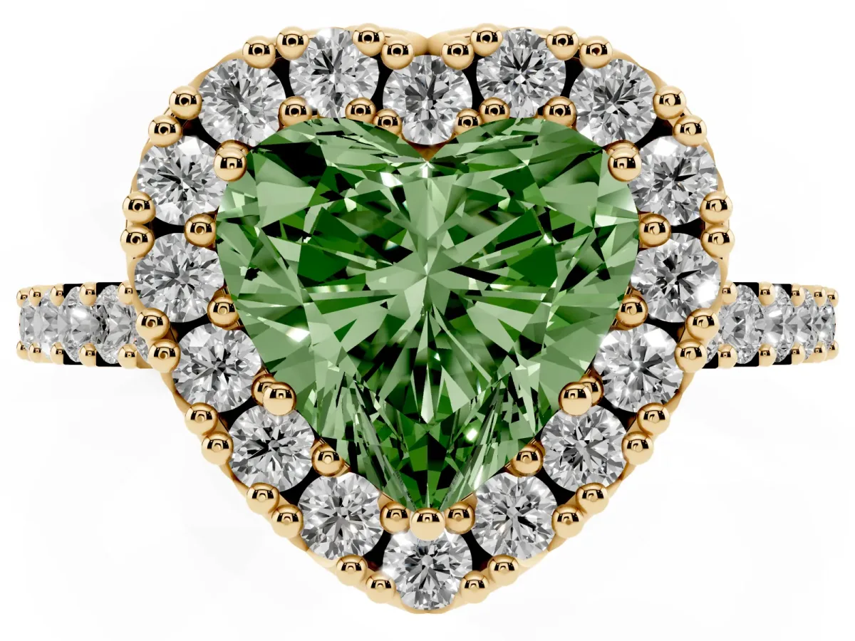 Fancy Green Heart Cut Halo Diamond Pavé Solitaire Ring Yellow gold