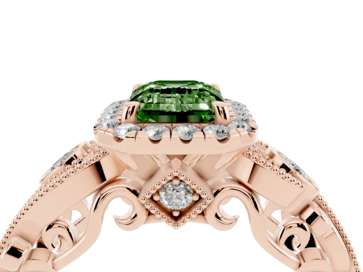 Fancy Green Emerald Cut Diamond Halo Ring with Milgrain Pavé Band and Four-Prong Setting Rose gold
