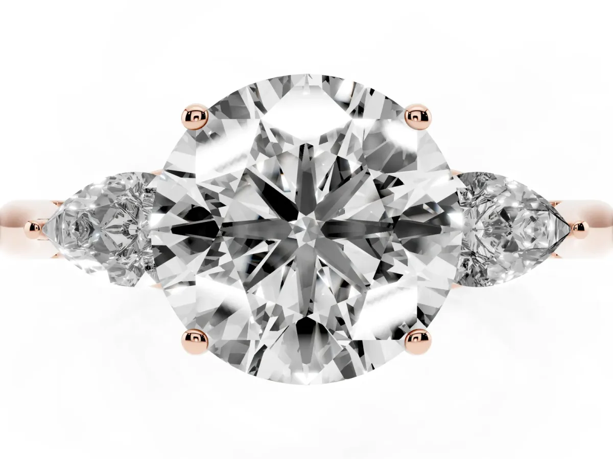 Three-Stone Round Cut Brilliant Diamond Solitaire Ring with Tapered Band and Four-Prong Setting Rose gold