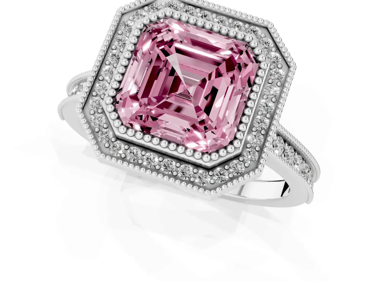 Fancy Pink Halo Asscher Cut-Cut Diamond Pave Band Milgrain Prong Setting Ring Silver