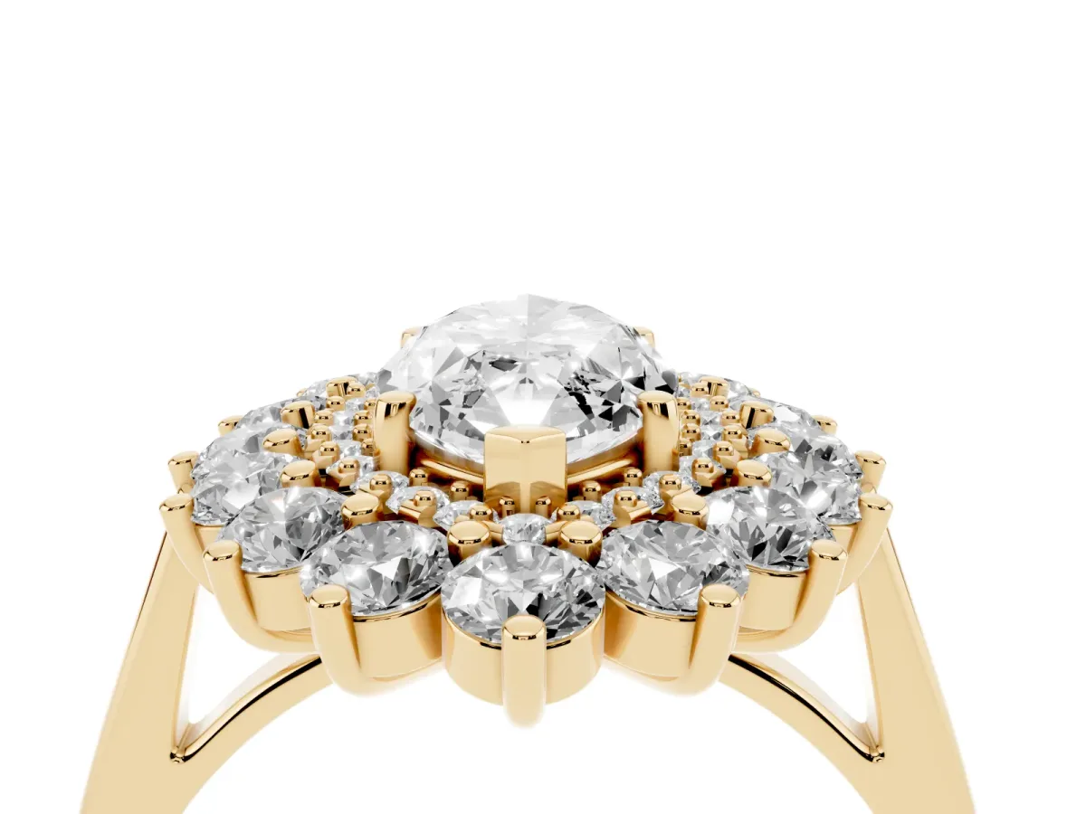 Marquise Cut Diamond Floral Double Halo Engagement Ring with Prong Setting Yellow gold