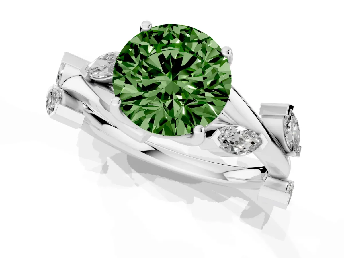 Fancy Green Round Cut Solitaire Twisted Band Marquise Accent Prong Setting Ring Silver