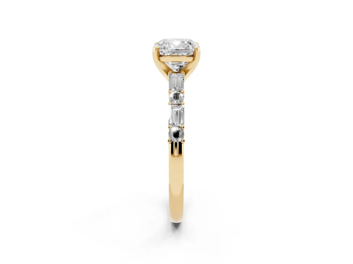 Cushion Cut Diamond Solitaire with Side Baguettes and Channel Set Band Yellow gold