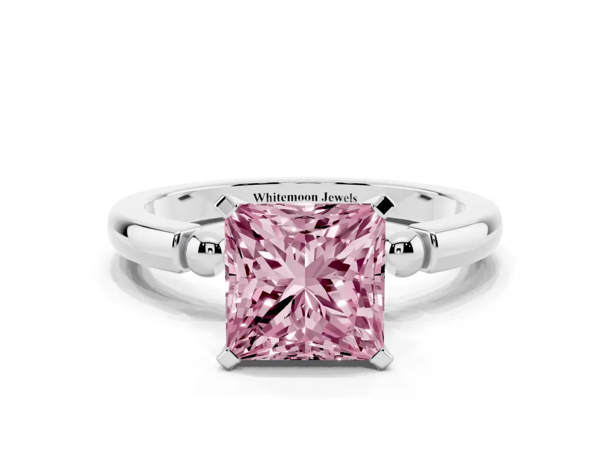 Fancy Pink Princess Cut Solitaire Beaded Band with Four-Prong Setting Silver