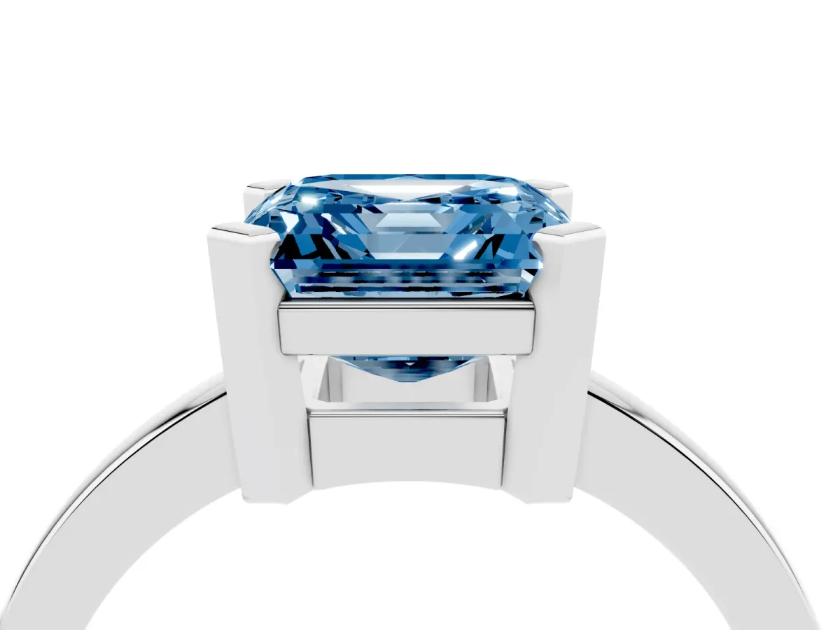 Fancy Blue Asscher Cut Cut Solitaire Ring with Four-Prong Setting and Classic Band Silver