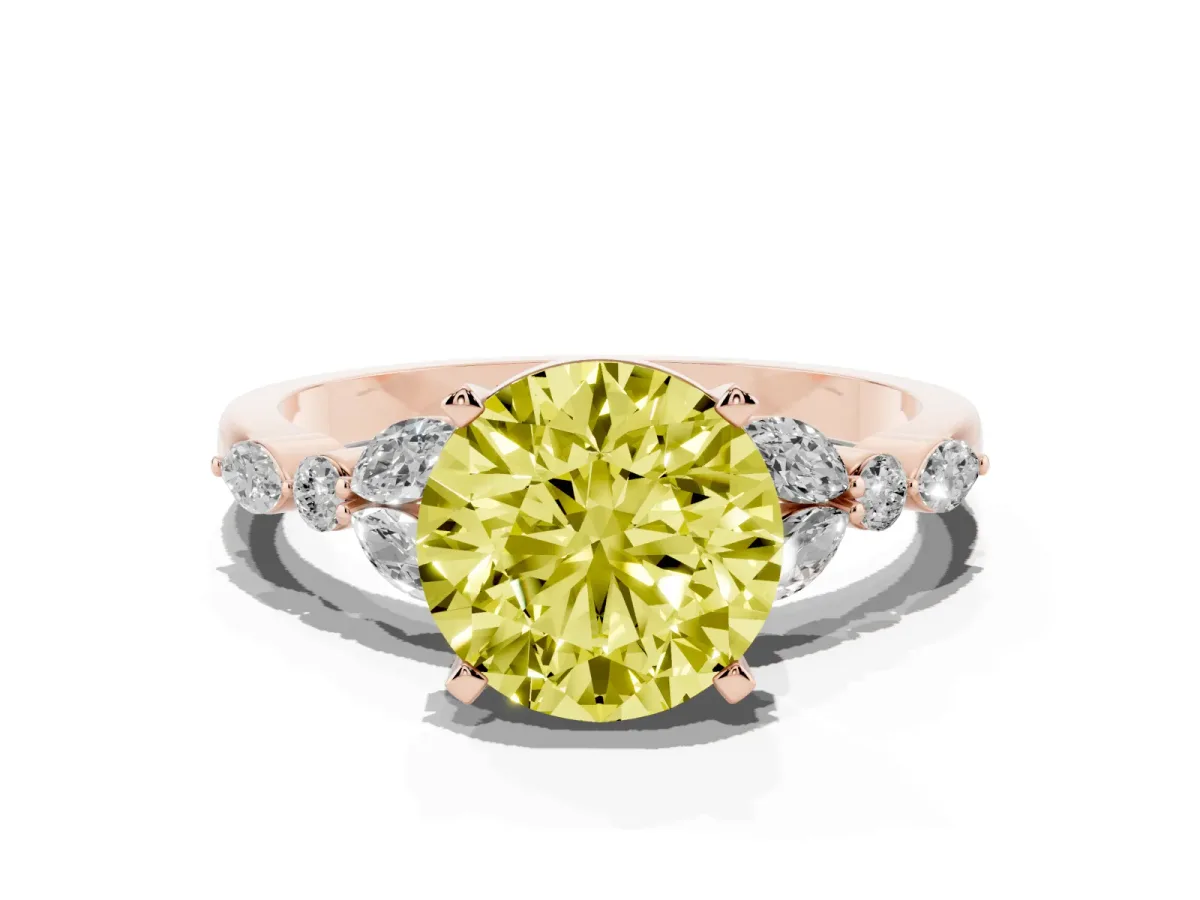 Fancy Yellow Round Cut Diamond Solitaire Ring with Side Stones and Four-Prong Setting Rose gold