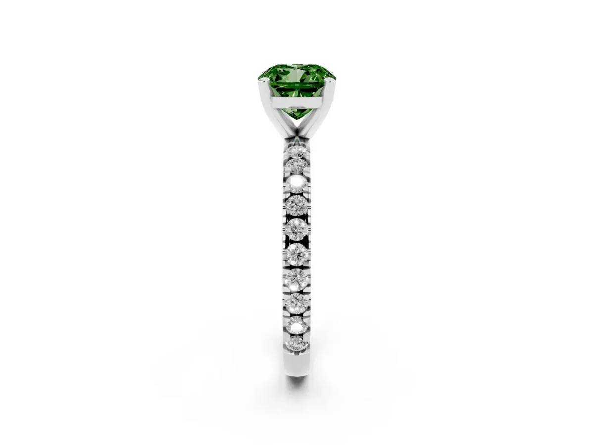 Fancy Green Cushion Cut Diamond Pavé Band Solitaire with Four-Prong Setting Silver
