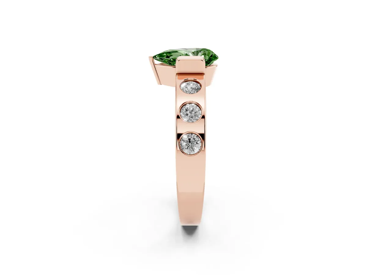 Fancy Green Pear Cut Brilliant Channel-Set Diamond Ring with Bezel Prong Setting Rose gold