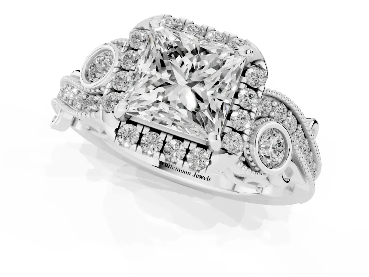 Princess Cut Diamond Halo Ring with Milgrain Pavé Band and Four-Prong Setting Silver